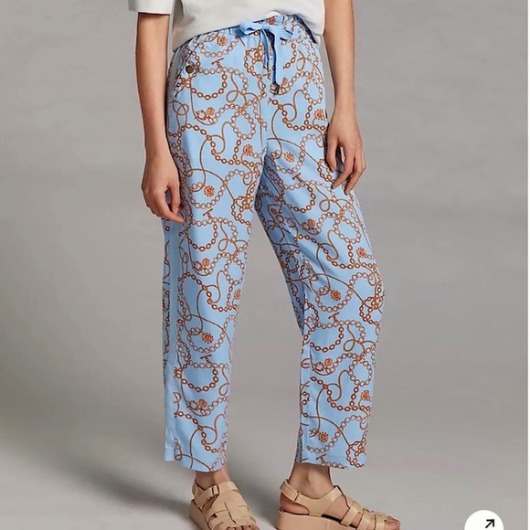 Anthropologie Maeve Kalle Track Pants Drawstring Waist Sky Blue Chain Print - Picture 5 of 13